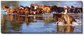 River Reflections - Cowboy & Horses Wrapped Canvas Art Print