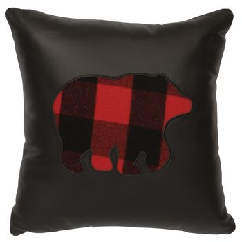Black Leather Pillow with Buffalo Plaid bear cut out