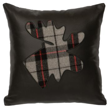 Black Leather Pillow with Ponderosa Plaid Moose Cut Out